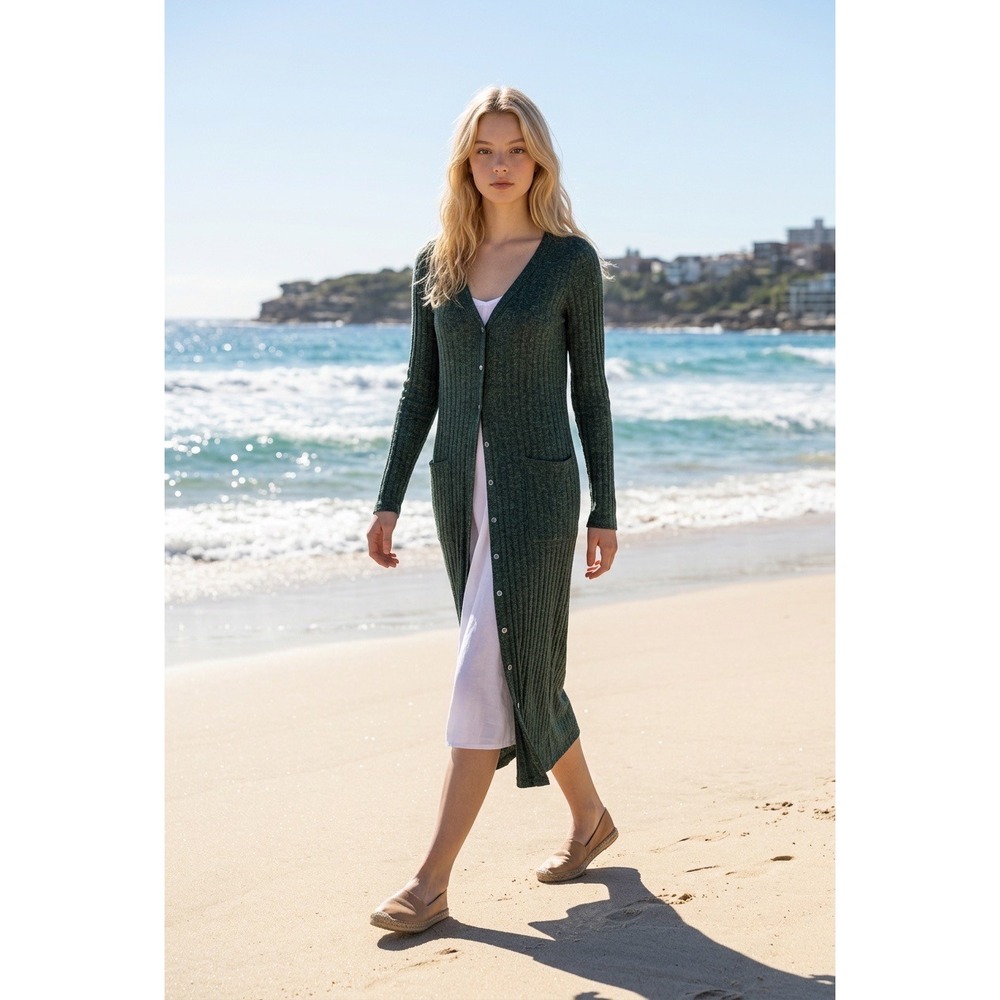 Free People Beach Green Ribbed Knit Longline Duster Cardigan Large Boho